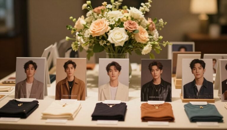 A well-organized display showcasing various types of unique, high-quality personal accessories inspired by popular actors. The foreground features a table with neatly arranged products, each labeled and highlighting distinct textures and colors. The middle ground contains a soft-focus background with elegant floral arrangements, creating a warm and inviting atmosphere. Lighting is soft and diffused, enhancing the colors and details of the items with a cinematic glow. The scene captures a cozy, intimate setting that conveys a sense of exploration and discovery, ideal for individuals looking to find their perfect choice. The composition is framed in a 4:3 aspect ratio, ensuring clarity and focus on the products.