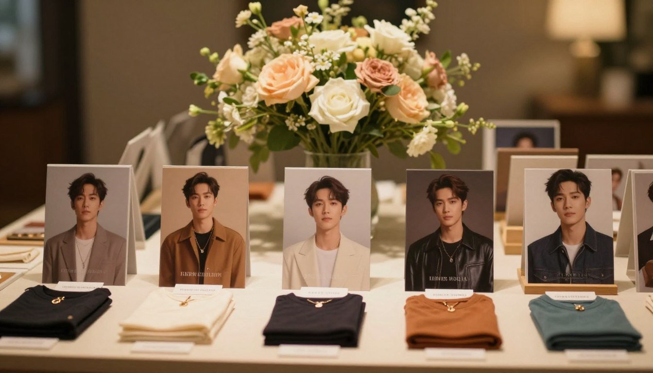 A well-organized display showcasing various types of unique, high-quality personal accessories inspired by popular actors. The foreground features a table with neatly arranged products, each labeled and highlighting distinct textures and colors. The middle ground contains a soft-focus background with elegant floral arrangements, creating a warm and inviting atmosphere. Lighting is soft and diffused, enhancing the colors and details of the items with a cinematic glow. The scene captures a cozy, intimate setting that conveys a sense of exploration and discovery, ideal for individuals looking to find their perfect choice. The composition is framed in a 4:3 aspect ratio, ensuring clarity and focus on the products.