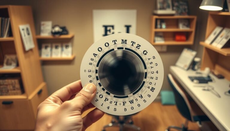 A detailed self-examination tool for macular degeneration symptoms, featuring a circular chart with a blurred central area to illustrate the central shadow effect experienced by individuals. The foreground showcases a hand holding an eye chart with a focus on the central distortion, highlighting the visual impairment. In the middle ground, a softly lit examination table with an assortment of eye care tools. The background includes a calm, clinical environment with shelves holding informational pamphlets about eye health. The lighting is warm and inviting, creating a serious yet hopeful atmosphere. Use a slightly top-down angle to emphasize the examination process, showcasing clarity and focus on the self-detection tool. The overall mood conveys both urgency and reassurance in recognizing these symptoms.