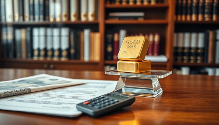 A close-up view of a shiny golden ingot, symbolizing one tael of gold, impeccably placed on a wooden desk. In the foreground, a set of legal documents featuring gold-related regulations and Taiwan currency notes, subtly blurred for focus. The middle ground includes a transparent scale balancing the gold ingot alongside a calculator displaying the amount in Taiwanese dollars. In the background, softly lit office shelves filled with books on finance and laws, creating a scholarly atmosphere. Use warm, inviting lighting to evoke a sense of professionalism and trust. Angle the shot slightly from above to emphasize the gold and its context in legal and financial matters, ensuring the image captures the essence of legal requirements around gold declaration in Taiwan.