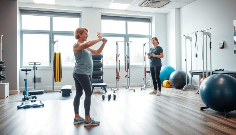 A focused image depicting a physical therapy clinic environment emphasizing "Meniscus Rehab Progression." In the foreground, a patient in modest athletic wear is performing strengthening exercises under the supervision of a physical therapist in professional attire. The middle ground features various rehabilitation equipment, such as resistance bands, weights, and stability balls, illustrating the progression of exercises. In the background, a large window allows for natural light to illuminate the space, creating an inviting and encouraging atmosphere. The composition should portray a sense of determination and professionalism, with soft, diffused lighting to enhance the positive mood of recovery and progress.
