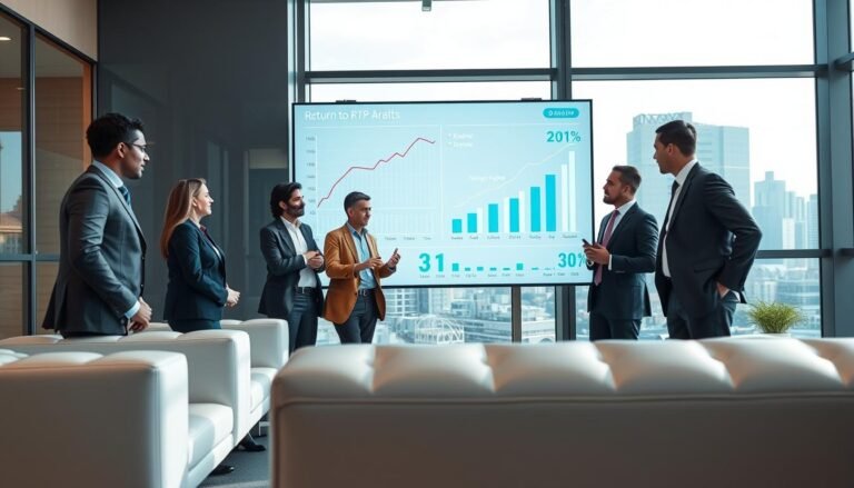 A professional office setting with a modern touch, prominently featuring a large digital screen displaying transparent data graphs and statistics related to gaming return-to-player (RTP) rates. In the foreground, a diverse group of business professionals in smart casual attire are engaged in a discussion, analyzing the data with focused expressions. The middle ground features sleek, minimalist furniture, with bright lighting that creates a vibrant yet serious atmosphere. In the background, large windows showcase a cityscape, indicating a thriving market environment. The scene captures the essence of transparency and professionalism in data analysis, conveying a sense of trust and expertise in the gaming industry. The overall mood is one of collaboration and insight, emphasizing the importance of data transparency.