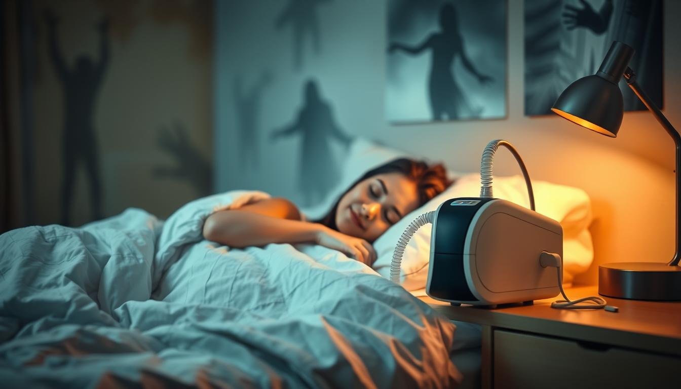A serene bedroom scene featuring a modern sleep apnea machine on a bedside table, gently illuminated by soft, warm bedside lamp light. In the foreground, a patient peacefully sleeping under a cozy blanket, with a slight smile, symbolizing tranquility. In the background, dream-like images softly blend into the walls, depicting ethereal nightmare elements like dark shadows and faint, haunting figures, but not overly disturbing or explicit. The atmosphere is tranquil yet slightly tense, suggesting the duality of sleep and nightmares. The composition is shot from a slightly elevated angle, capturing both the sleep machine and the subtle dream imagery, evoking a sense of exploration into the relationship between sleep quality and nightmares.