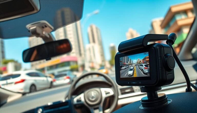 A sleek and modern car dashboard featuring a high-definition car dashcam prominently placed in the foreground. The dashcam is shown capturing vibrant video footage of a busy urban street, with cars and pedestrians in motion. In the middle ground, the car’s steering wheel and controls are visible, emphasizing the integration of the dashcam into everyday driving. The background consists of a cityscape with vibrant buildings and clear blue skies, creating a sense of liveliness. The lighting is bright and natural, suggesting a sunny day, with reflections on the dashboard adding depth. The mood is informative and engaging, showcasing the essential features of a dashcam, highlighting its modern technology and practical use for safety.
