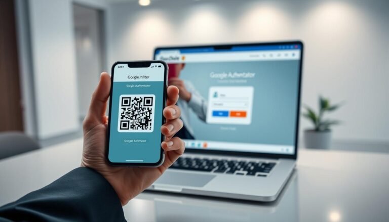 A sleek and modern digital workspace depicting the concept of account security with a focus on the integration of 2FA using Google Authenticator for “3A 娛樂城”. In the foreground, a smartphone displaying the Google Authenticator app with a QR code is held by a hand in a professional business suit. In the middle ground, a laptop shows the 3A 娛樂城 website interface, emphasizing secure login features. The background features a minimalist office environment with soft, ambient lighting. Use a shallow depth of field to create a professional, polished atmosphere. The overall mood should convey safety, sophistication, and advanced technology, highlighting the importance of security in online accounts without any text or annotations.