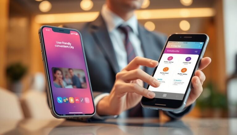 A sleek and modern representation of a mobile web application interface for UG Entertainment City, highlighting its convenience and security. Foreground: a close-up of a smartphone displaying the user-friendly web app with vibrant colors and intuitive design elements. Middle ground: a professional individual in business attire, interacting with the app, showcasing ease of use. Background: a softly blurred office setting, with warm lighting creating a welcoming atmosphere. Emphasize the app’s streamlined features and robust security icons subtly incorporated into the screen. Use a shallow depth of field to focus on the smartphone and the user's hands, enhancing the sense of engagement and professionalism. The overall mood should convey trust and innovation in technology for seamless mobile experiences.