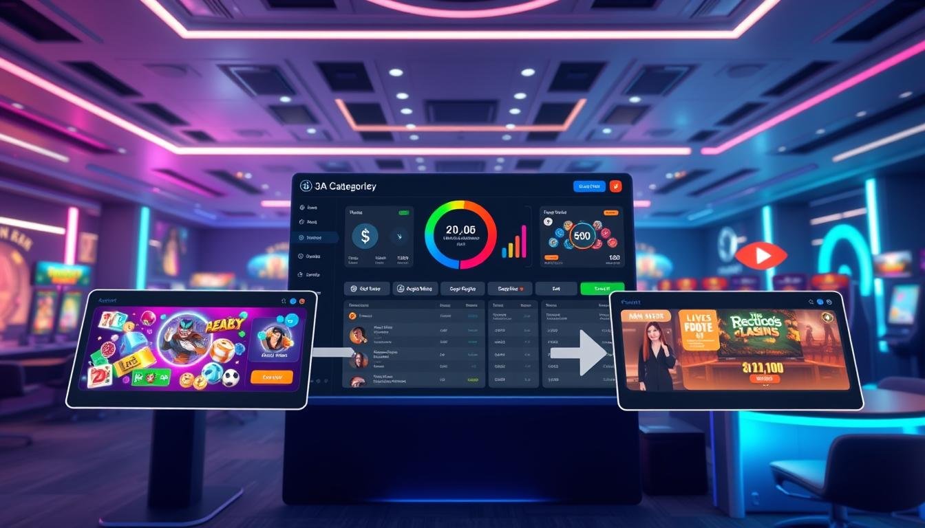 A sleek, modern interface showcasing a digital currency conversion feature specific to the 3A platform. In the foreground, vivid representations of three game categories: electronic games, sports betting, and live dealer experiences, each illustrated with icons and vibrant colors. The middle ground displays a user-friendly dashboard with smooth animated transitions, highlighting the speed of point conversions. The background features a futuristic gaming environment with soft, ambient lighting that conveys a high-tech atmosphere. The image should have a professional and dynamic mood, emphasizing efficiency and seamless functionality, captured with a wide-angle perspective to provide depth. Ensure no text, logos, or watermarks are present.