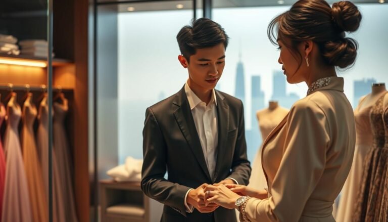 A sophisticated scene depicting the relationship between a Taipei gown shop and an entertainment company, focusing on luxurious interiors. In the foreground, a well-dressed businessperson, portrayed in professional attire, examines elegant gowns amidst soft, warm lighting that highlights the rich textures of the fabrics. In the middle ground, shelves stocked with exquisite gowns are arranged artfully, showcasing their vibrant colors and intricate designs. Subtle acoustic panels hint at soundproofing, emphasizing the shop's privacy features. The background features blurred outlines of a modern Taipei skyline through frosted glass, creating an atmosphere of exclusivity and urban charm. The overall mood is elegant and polished, emphasizing a blend of high-class fashion and business professionalism.