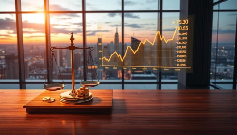A visually striking illustration depicting the concept of investment strategies related to gold prices, with a focus on the highest gold price per tael. In the foreground, a polished wooden table showcases a scale weighing gold taels, gleaming under soft, warm lighting. In the middle ground, an elegant graph detailing fluctuating gold prices is projected, with golden hues illuminating the data. The background features a sophisticated, modern office with large windows, offering a panoramic view of a bustling cityscape at dusk, symbolizing economic prosperity. A serene atmosphere envelops the scene, inviting contemplation and strategic thinking about gold investments. The overall composition conveys professionalism and financial acumen, aimed at investors seeking insight into gold price dynamics.