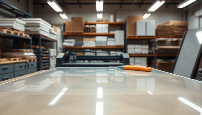 A close-up view of clear polycarbonate sheeting in a well-lit workshop setting. The foreground features a pristine sheet of polycarbonate, showcasing its transparency and smooth surface, with slight reflections of overhead lights. In the middle ground, tools such as a laser cutter and a utility knife are arranged neatly, emphasizing the crafting aspect. The background includes shelves stocked with various sizes of polycarbonate sheets and similar materials. Soft diffused lighting highlights the clarity of the sheet while creating a professional atmosphere. The shot is taken at a slight angle to enhance depth and dimension, giving a sense of spaciousness. The overall mood conveys innovation and precision in fabrication techniques.