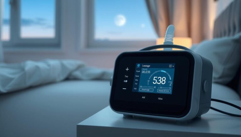 A detailed illustration of a modern sleep apnea machine with a visible air leakage indicator, situated on a clean bedside table. In the foreground, focus on the device, showcasing its sleek design and illuminated display that highlights leakage rates. The middle ground features a gently lit bedroom environment, with a cozy bed made up in soft neutral tones. The background should include a serene window view, offering a glimpse of a peaceful night sky. Soft, ambient lighting enhances the calm atmosphere, while a close-up angle emphasizes the importance of the machine in a health-focused setting. The mood is professional and informative, reflecting the significance of sleep therapy.