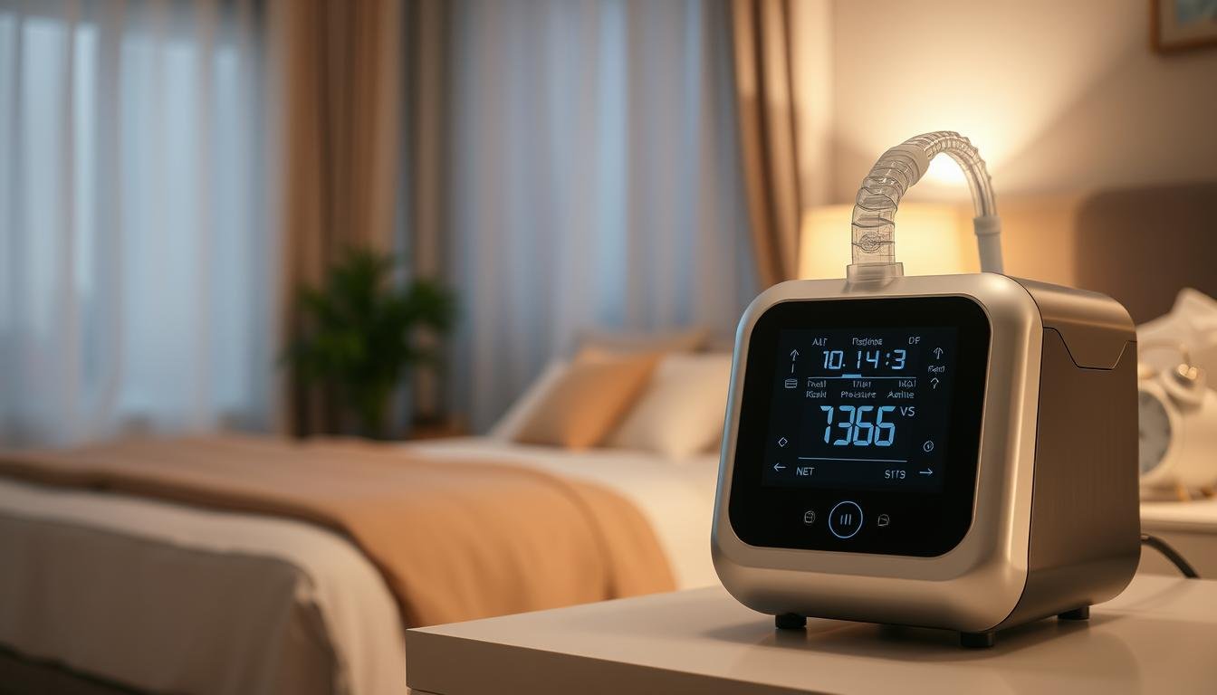A modern sleep apnea machine displayed prominently in the foreground, showcasing its sleek design and user-friendly interface. Focus on the automatic pressure adjustment feature, highlighting the digital display that shows real-time pressure levels. In the middle ground, a serene and restful bedroom environment with soft lighting that creates a calm atmosphere, featuring a well-made bed and inviting decor. The background includes tranquil elements like soft curtains and a bedside table with a clock, emphasizing relaxation. The overall mood conveys peace and comfort, suitable for a restful night’s sleep. Use a warm color palette to enhance the sense of calm, with diffused soft lighting to create a cozy atmosphere.