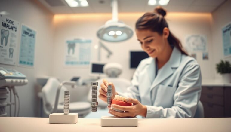 A professional dental clinic setting with a focus on dental implants. In the foreground, a dental professional dressed in a white coat is examining a dental implant model, showcasing the intricacies of the procedure. The middle ground features a dental chair with modern equipment, emphasizing a clean and sterile environment. In the background, soft, warm lighting creates a welcoming atmosphere, and dental charts and educational displays are subtly visible on the walls, enhancing the sense of professionalism. The scene conveys a mood of expertise and trust, ideal for illustrating the topic of dental implant timelines. The image should capture a close-up angle, highlighting the precision and care involved in dental procedures, ensuring all human subjects are dressed in professional attire without any text or overlay elements.