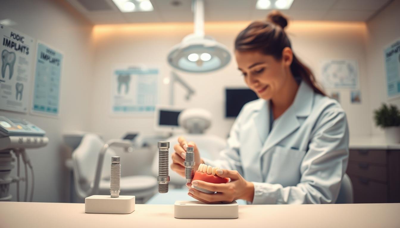 A professional dental clinic setting with a focus on dental implants. In the foreground, a dental professional dressed in a white coat is examining a dental implant model, showcasing the intricacies of the procedure. The middle ground features a dental chair with modern equipment, emphasizing a clean and sterile environment. In the background, soft, warm lighting creates a welcoming atmosphere, and dental charts and educational displays are subtly visible on the walls, enhancing the sense of professionalism. The scene conveys a mood of expertise and trust, ideal for illustrating the topic of dental implant timelines. The image should capture a close-up angle, highlighting the precision and care involved in dental procedures, ensuring all human subjects are dressed in professional attire without any text or overlay elements.