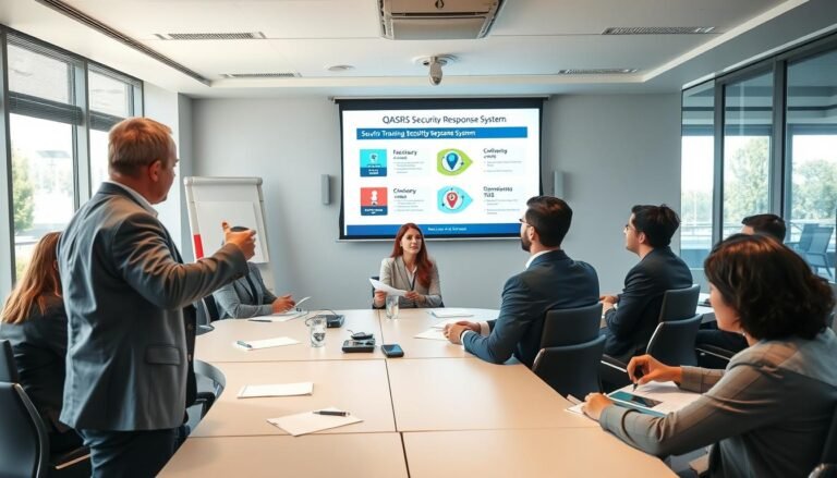 A professional training session in a modern classroom setting, featuring diverse individuals in business attire actively engaged in a QASRS (Quality Assurance Security Response System) course. In the foreground, a trainer gestures towards a digital presentation on a projector screen, illustrating key concepts related to security training and efficiency. In the middle, students are seated in a U-shaped arrangement, taking notes and interacting with each other, showcasing teamwork and collaboration. The background includes large windows allowing natural light to illuminate the space, creating a welcoming and focused atmosphere. The lighting is bright yet soft, highlighting the professionalism of the environment, with a lens focus that captures the enthusiasm of the participants. The overall mood is one of motivation and learning, emphasizing the importance of effective employee training programs.