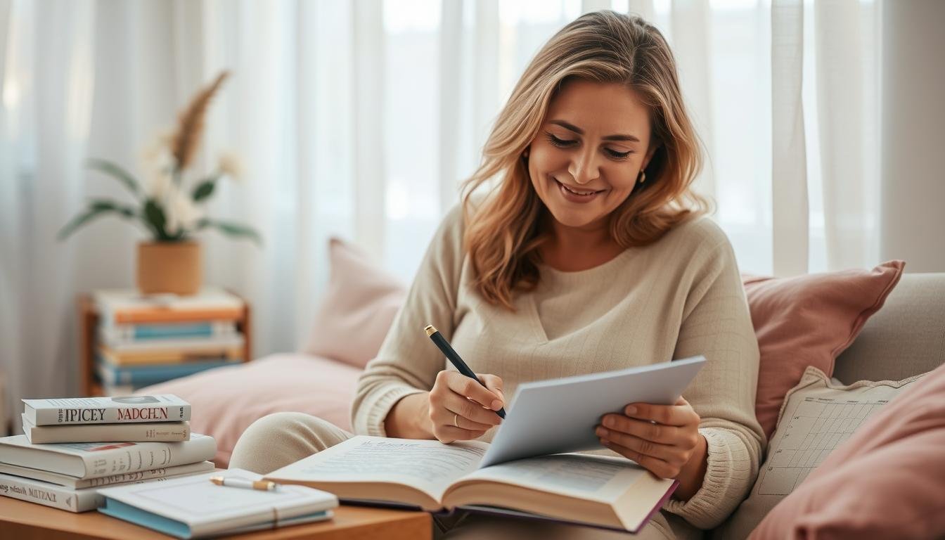 A serene and focused young woman in her early 40s, sitting in a cozy, well-lit room, surrounded by soft pastel colors. She is engaged in a moment of reflection, writing in a journal with a gentle smile. In the foreground, her handwritten notes show thoughtful strategies for mental and physical adjustments in preparation for pregnancy. In the middle ground, a collection of health-related books and a calendar marked with important dates symbolize her proactive approach. In the background, light filters through sheer curtains, creating a warm and inviting atmosphere. The overall mood is optimistic and contemplative, illustrating the emotional and psychological aspects of preparing for motherhood. Soft, natural lighting enhances the ambiance, conveying a sense of hope and serenity.