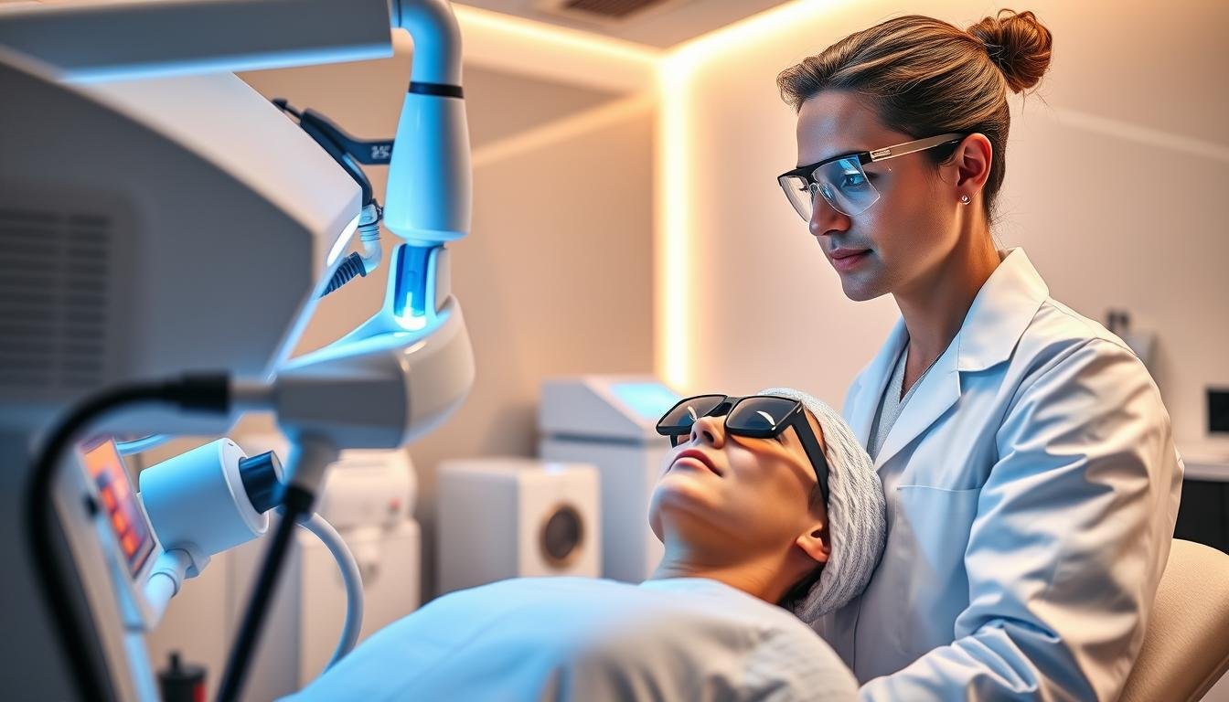 A sleek and modern clinical setting featuring a professional dermatologist performing pico laser treatment on a patient’s face. The foreground includes the dermatologist, dressed in a white lab coat and safety goggles, focused on the laser equipment, which emits a soft blue glow. The patient, seated comfortably, appears relaxed while wearing a protective eyewear, showcasing a treatment session. In the middle ground, various advanced dermatological tools and a high-tech laser device are visible, emphasizing sophistication and technology. The background features a clean and bright, minimalist clinic environment with warm lighting to create a calming atmosphere. Capture an informative and professional mood, highlighting advancements in dermatology with sharp focus and depth of field.