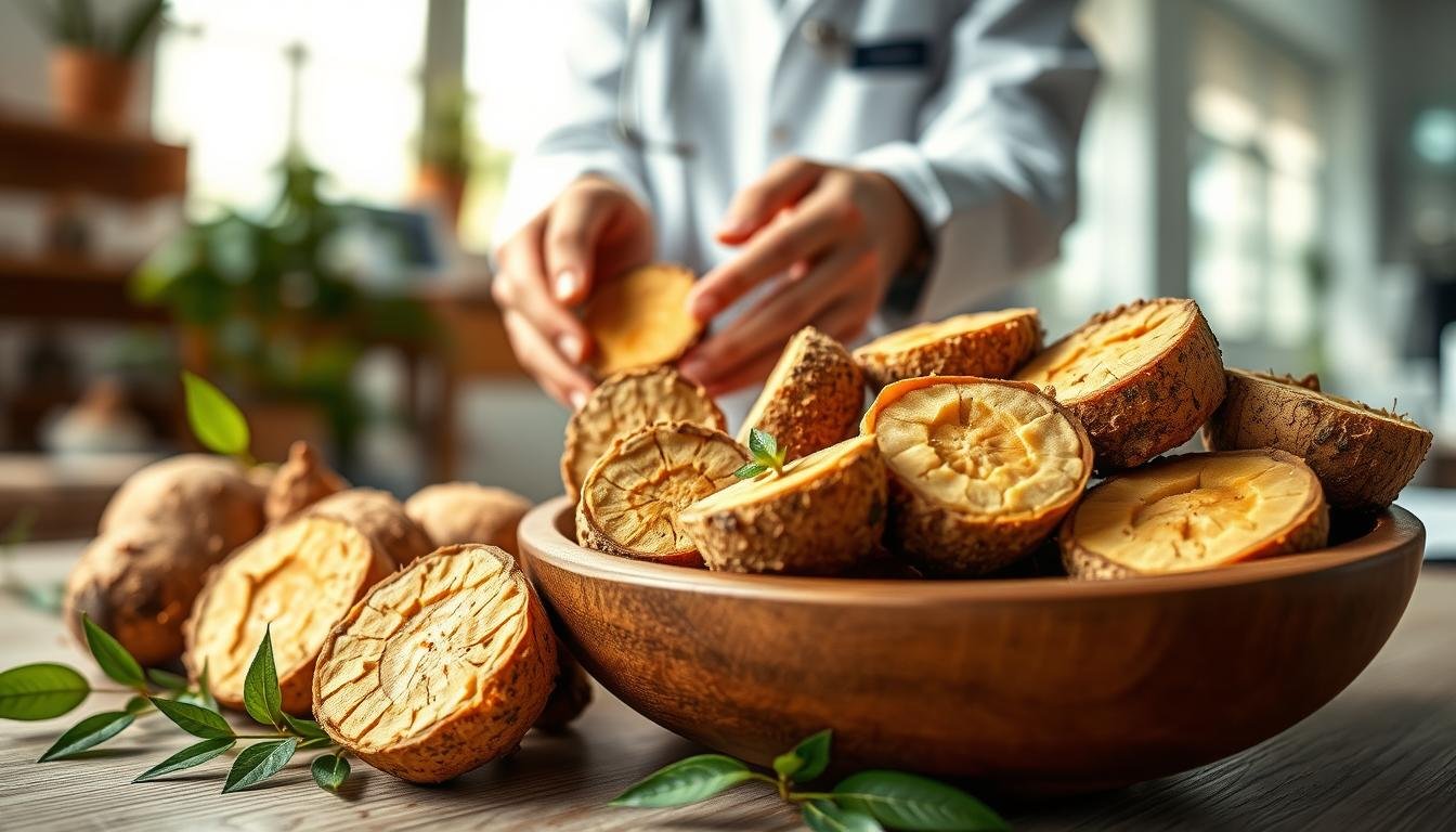 A vibrant, close-up image depicting several fresh maca roots, showcasing their earthy texture and natural colors. In the foreground, a wooden bowl filled with sliced maca roots displays their unique, varying hues of beige and light brown. Surrounding the bowl, delicate green leaves add a touch of freshness, symbolizing vitality. In the middle ground, a pair of hands in professional attire gently hold one maca root, illustrating a sense of personal interaction and assessment. The background features a softly blurred laboratory or wellness studio setting, filled with natural light streaming through large windows, evoking a professional yet welcoming atmosphere. The overall mood is one of exploration and discovery, representing the benefits of maca in enhancing male vitality and health.