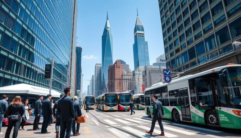 A bustling office environment in Wan Chai, showcasing the convenience of transport options for businesses. In the foreground, a diverse group of professionals in smart business attire are engaged in discussions, standing beside a modern glass office building. In the middle ground, city buses and trams are seen moving along busy streets, while pedestrians utilize well-organized crosswalks. The background features iconic skyscrapers against a clear blue sky, emphasizing the urban landscape. Natural light streams in, highlighting the vibrancy of the scene, with a focus on creating a sense of productivity and accessibility. The atmosphere is dynamic yet professional, reflecting the transport advantages that enhance corporate efficiency in the area.