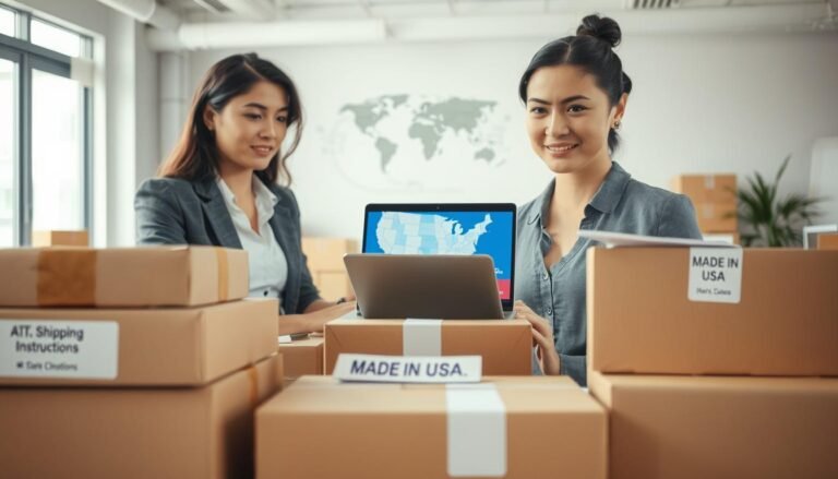 A professional businesswoman engaging in international shipping process, surrounded by various packages and shipping documents, with a focused expression, emphasizing the details of the American purchasing process. In the foreground, display neatly organized boxes labeled with 'Made in USA' and 'Shipping Instructions'. In the middle ground, feature a laptop displaying a website for purchasing American products, while a map of the USA with shipping routes is visible. The background should have a well-lit office environment, adding a warm and inviting atmosphere. Use soft, natural lighting to create a calm and professional mood. Capture the scene from a slightly elevated angle to emphasize organization and attentiveness in the purchasing process.