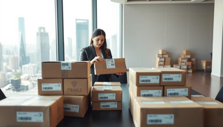A professional, spacious office setting with a large desk in the foreground, covered with neatly organized packages labeled with popular American brands. In the middle, a confident businesswoman in professional attire is inspecting a shipping box, showcasing a sense of trust and reliability in the purchasing service. The background features a large window with a clear view of a bustling city skyline, symbolizing global commerce. Soft, bright natural lighting streams in, creating a warm and inviting atmosphere. The image conveys the advantages of choosing a reliable purchasing service with a focus on efficiency, trust, and the accessibility of American products, without any text or branding elements.