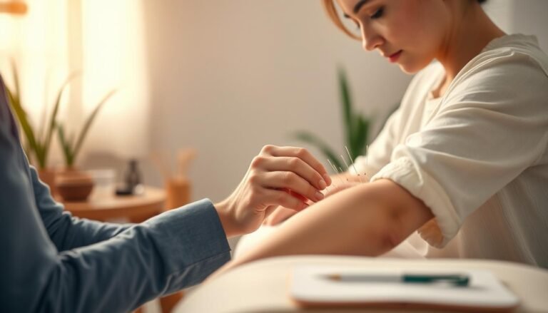 A serene acupuncture scene centered around the concept of eczema relief. In the foreground, a skilled acupuncturist, dressed in professional attire, gently applies needles on a patient's arm, showcasing a careful and compassionate approach. The patient, appearing calm and relaxed, is wearing modest, comfortable clothing. In the middle ground, various acupuncture tools are neatly arranged, highlighting a clean and professional environment. The background features softly lit natural elements, such as plants, creating a tranquil atmosphere. Warm, diffused lighting enhances the soothing mood, while a shallow depth of field focuses on the acupuncture process, capturing the essence of holistic care aimed at alleviating eczema symptoms effectively.