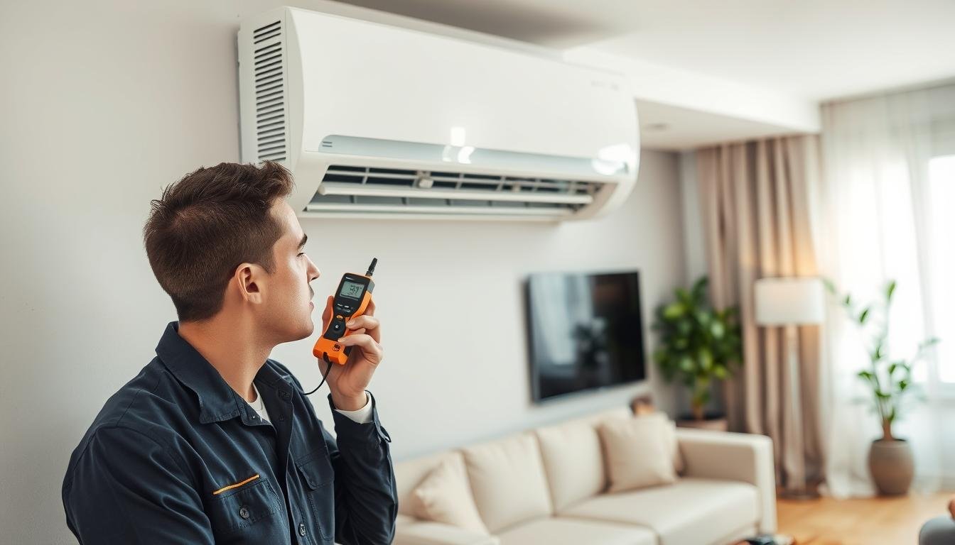 A split-type air conditioning unit installed on a wall in a modern home setting, showing signs of unusual sounds. In the foreground, a technician in a professional uniform listens intently to the unit, using a sound level meter to assess the noise. The mid-ground features the air conditioner with visible components, such as vents and pipes, while tools like a wrench and a flashlight are scattered around. The background showcases a stylish living room with light streaming in from a window, creating a warm and slightly worried atmosphere. The overall lighting is bright yet soft, highlighting the technician's focused expression, conveying a sense of urgency and professionalism in addressing the issue.