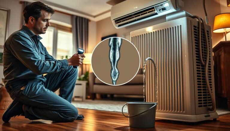 A well-lit home interior scene showcasing an air conditioning repair process focused on a technician inspecting a leaking air conditioning unit. In the foreground, a professional repair technician in modest casual clothing is kneeling next to the air conditioner, examining it for leaks with a flashlight. In the middle, there’s a detailed view of water dripping from the unit's condensation line into a small bucket. The background features elements of a typical living room, such as furniture and indoor plants, creating a relatable atmosphere. The lighting is warm and inviting, emphasizing the repair work while maintaining a clean and orderly environment. The overall mood is focused and professional, highlighting the importance of proper maintenance.