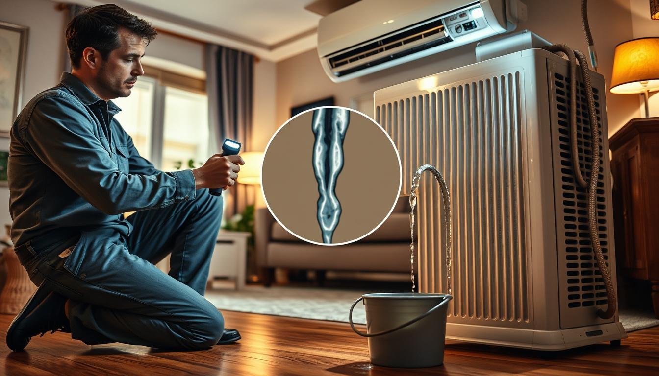 A well-lit home interior scene showcasing an air conditioning repair process focused on a technician inspecting a leaking air conditioning unit. In the foreground, a professional repair technician in modest casual clothing is kneeling next to the air conditioner, examining it for leaks with a flashlight. In the middle, there’s a detailed view of water dripping from the unit's condensation line into a small bucket. The background features elements of a typical living room, such as furniture and indoor plants, creating a relatable atmosphere. The lighting is warm and inviting, emphasizing the repair work while maintaining a clean and orderly environment. The overall mood is focused and professional, highlighting the importance of proper maintenance.