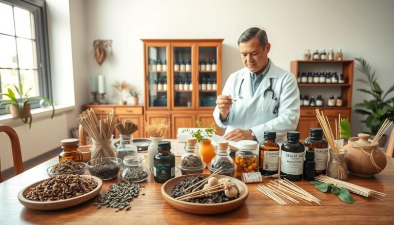 A serene and professional Chinese medicine clinic setting focused on acne treatment, showcasing different types of herbal remedies and traditional therapies arranged neatly on a wooden table. In the foreground, a skilled practitioner, dressed in a white lab coat and modest attire, analyzes various natural ingredients like dried herbs, oils, and acupuncture needles. In the middle ground, there's a traditional Chinese herbal medicine cabinet filled with labeled jars, conveying a sense of authenticity. The background features soft lighting from large windows, casting a warm glow over the scene, enhancing the atmosphere of healing and tranquility. The overall mood reflects a calm and professional environment conducive to skin health, emphasizing holistic treatment approaches to different acne types.