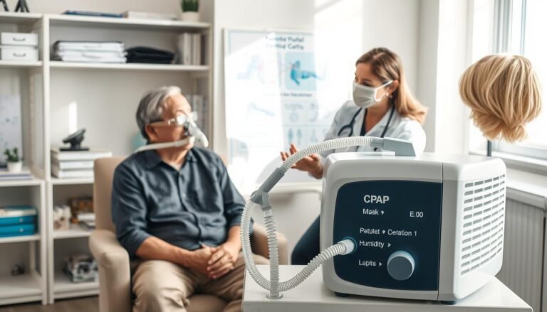 A well-lit medical consultation room featuring a healthcare professional discussing the use of a CPAP (Continuous Positive Airway Pressure) machine with a patient. In the foreground, the patient, a middle-aged individual, is seated comfortably, wearing modest casual clothing, looking attentively at the healthcare provider who is demonstrating the CPAP machine with clear illustrations on an educational poster behind them. In the middle ground, the CPAP machine is prominently displayed with its components neatly arranged, showcasing features like the mask, tubing, and humidity settings. The background includes shelves with medical books and tools, and natural light streaming through a window, creating a calming atmosphere. The overall mood is informative and reassuring, emphasizing the importance of selecting the right sleep aid for nasal septum deviation patients.
